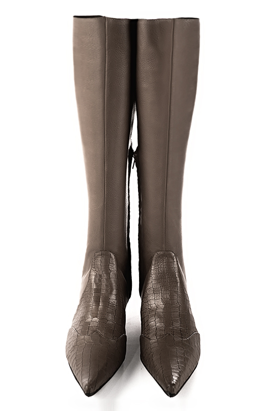 Taupe brown women's knee-high boots, with laces at the back. Pointed toe. Low block heels. Made to measure. Top view - Florence KOOIJMAN